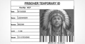 A black-and-white prisoner temporary ID card for an individual named Leenheer, featuring a photo of a man wearing a headdress.