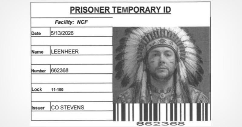 A black-and-white prisoner temporary ID card for an individual named Leenheer, featuring a photo of a man wearing a headdress.