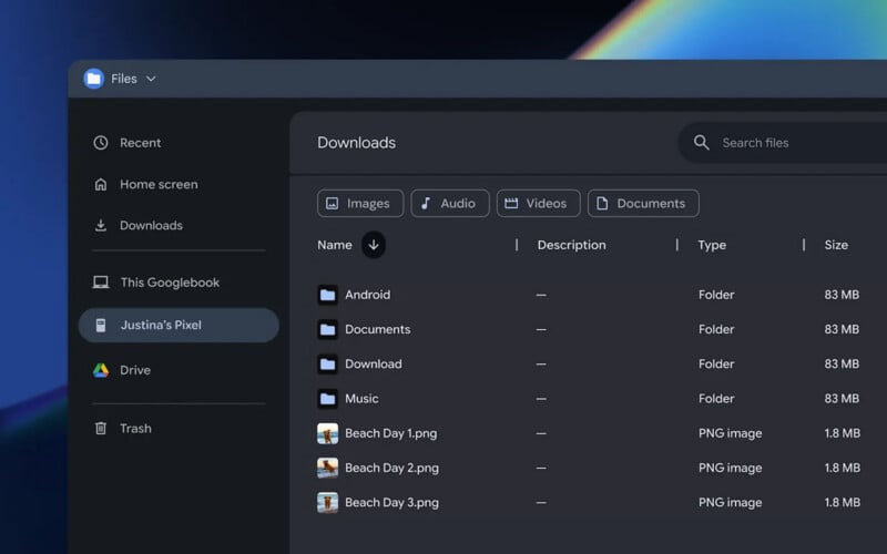 A dark-themed file manager window on a computer screen showing a list of folders and PNG image files in the Downloads directory.