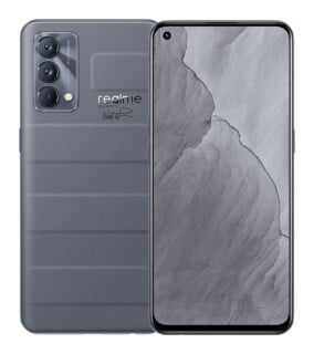 A gray smartphone shown from the front and back, featuring a textured, padded-style rear panel with a triple-camera module and a signature, alongside a full-screen display with a hole-punch camera.