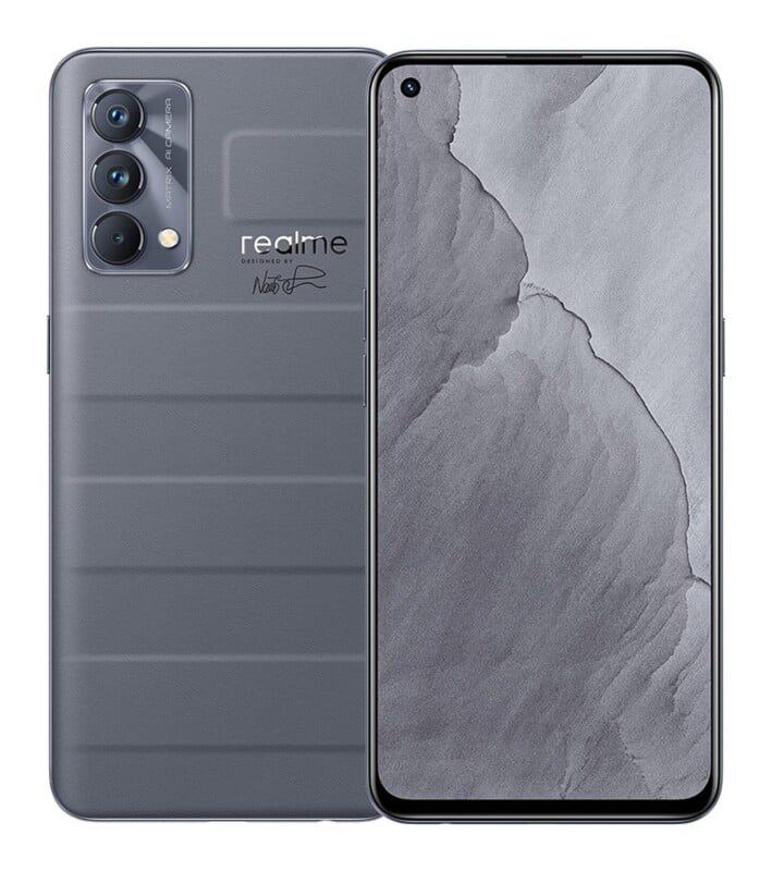 A gray smartphone shown from the front and back, featuring a textured, padded-style rear panel with a triple-camera module and a signature, alongside a full-screen display with a hole-punch camera.