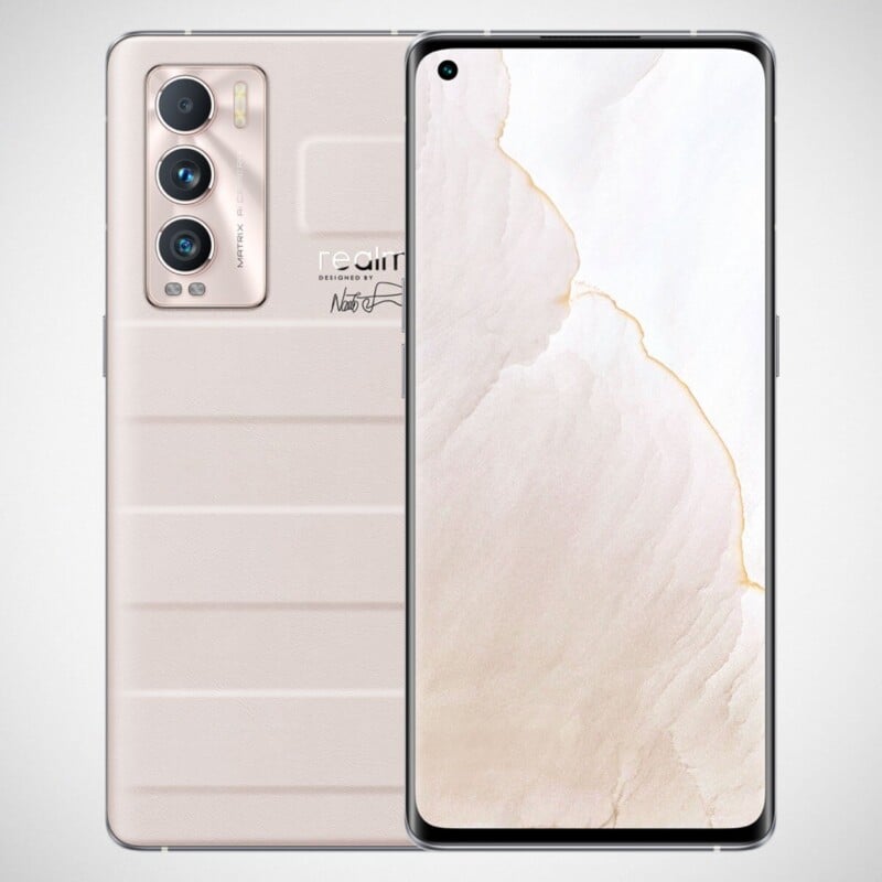 A light beige smartphone shown from both the back and front, featuring a textured, horizontal-striped rear panel with a triple-camera module and a signature, alongside a full-screen display with a hole-punch camera.