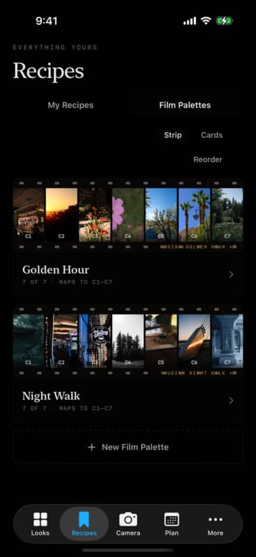 A mobile app screen titled Recipes showing two film palettes, Golden Hour and Night Walk, with a button to add a new palette.