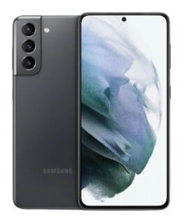 A dark gray Samsung smartphone shown from both the front and back, featuring a triple-lens camera module and a screen displaying an abstract blue and white wallpaper.