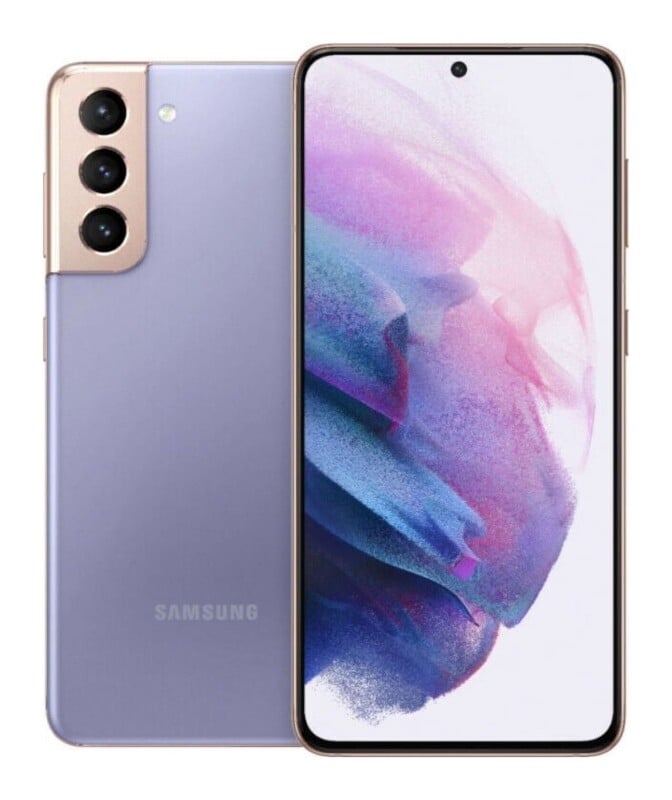A front and back view of a light purple smartphone with a triple-lens camera module and a centered hole-punch front camera.