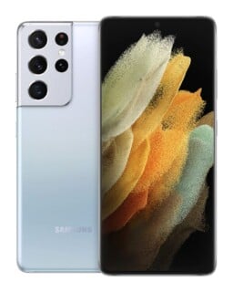 A light blue smartphone shown from both the front and back, featuring a multi-lens camera array on the rear and an abstract, textured wallpaper on the display.