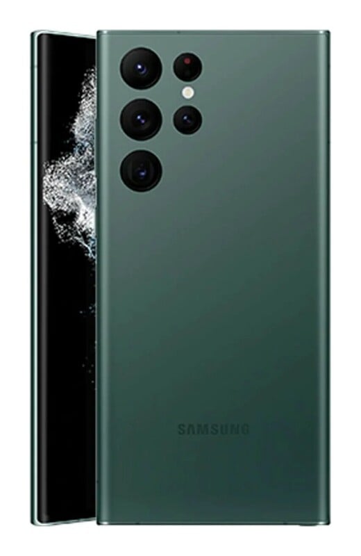 A green Samsung smartphone shown from the back, featuring a multi-lens camera array and the Samsung logo at the bottom.