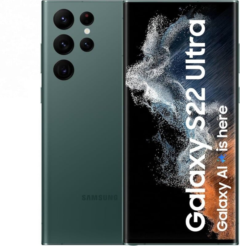 A green Samsung Galaxy S22 Ultra smartphone is shown from both the back and front, with text on the screen reading "Galaxy S22 Ultra" and "Galaxy AI is here.