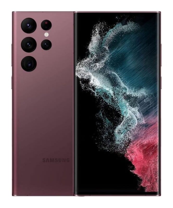 A burgundy Samsung smartphone shown from both the front and back, featuring a multi-lens camera array and a vibrant abstract wallpaper.