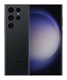 A black smartphone shown from both the front and back, featuring a multi-lens camera array and a dark, circular wallpaper.