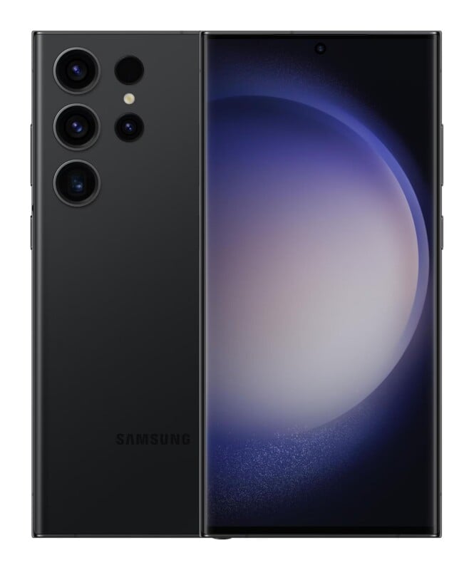 A black smartphone shown from both the front and back, featuring a multi-lens camera array and a dark, circular wallpaper.