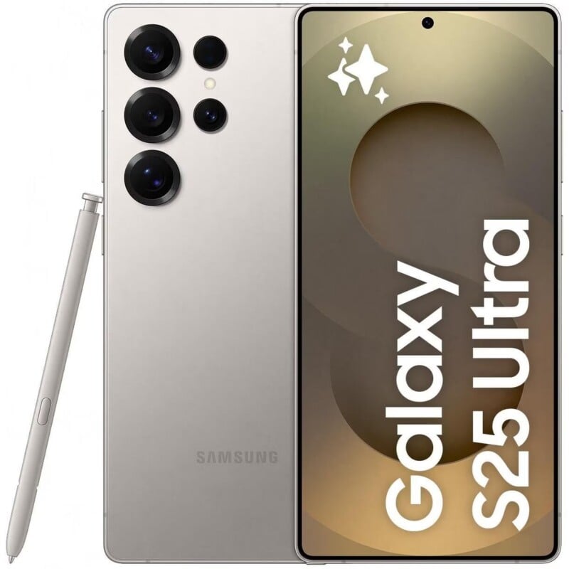 A light gray smartphone with a stylus pen positioned to its left, displaying the text "Galaxy S25 Ultra" on its screen.
