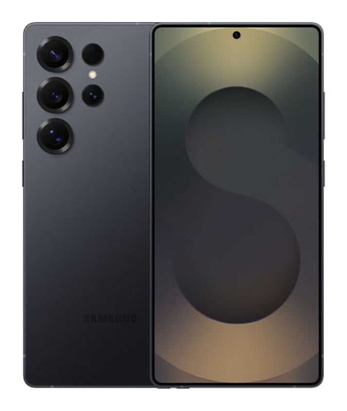 A dark gray smartphone shown from both the front and back, featuring a multi-lens camera array and a large screen display.