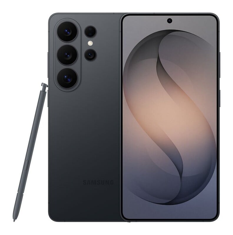 A dark gray smartphone shown from the front and back, accompanied by a matching stylus pen to its left.