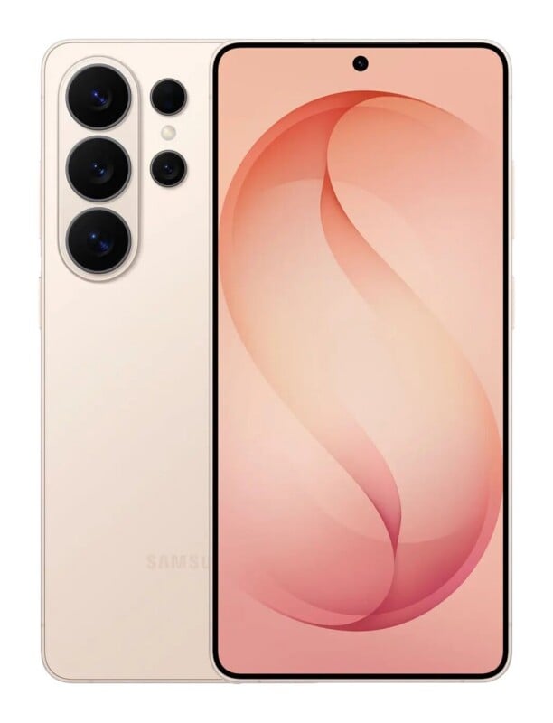A light beige smartphone shown from both the front and back, featuring a triple-lens camera array and a screen with a peach-colored abstract wallpaper.