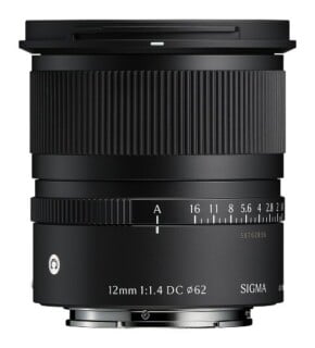 A black Sigma 12mm 1:1.4 DC 62mm camera lens shown from the side, featuring a focus ring, an aperture ring with settings from 1.4 to 16, and an A mode.
