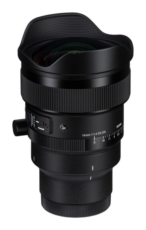 A black Sigma 14mm 1:1.4 DG DN camera lens with a built-in lens hood, focus switch, and aperture ring, shown against a white background.