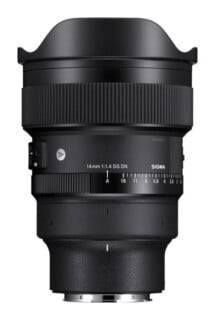 A black Sigma 14mm 1:1.4 DG DN camera lens shown from a front-facing perspective against a white background.