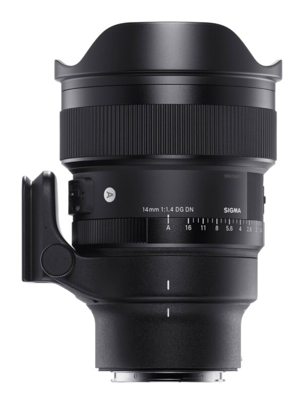 A black Sigma 14mm 1:1.4 DG DN camera lens with an aperture ring and a tripod mount collar, shown against a white background.
