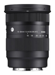 A black Sigma 16-28mm f/2.8 DG DN lens for mirrorless cameras, shown from a front-facing perspective.