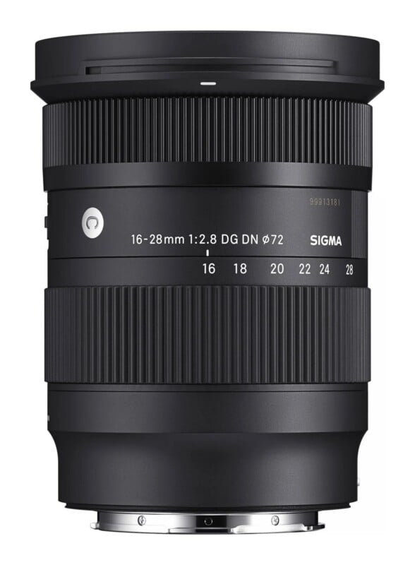 A black Sigma 16-28mm f/2.8 DG DN lens for mirrorless cameras, shown from a front-facing perspective.