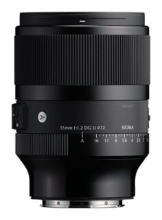 A black Sigma 35mm f/1.2 DG II camera lens with a manual aperture ring and focus ring, shown against a white background.