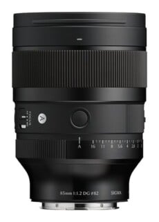 A black Sigma 85mm 1:1.2 DG 82mm camera lens shown from the front, featuring a focus ring, aperture ring, and autofocus switch.