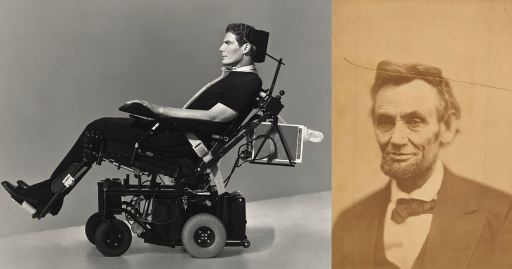 A split-screen image showing Christopher Reeve in a motorized wheelchair on the left and a portrait of Abraham Lincoln on the right.