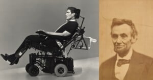 A split-screen image showing Christopher Reeve in a motorized wheelchair on the left and a portrait of Abraham Lincoln on the right.