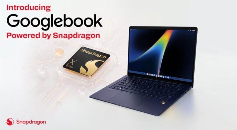 A promotional graphic for a "Googlebook" laptop featuring a Snapdragon X Elite processor, with the laptop and chip displayed.
