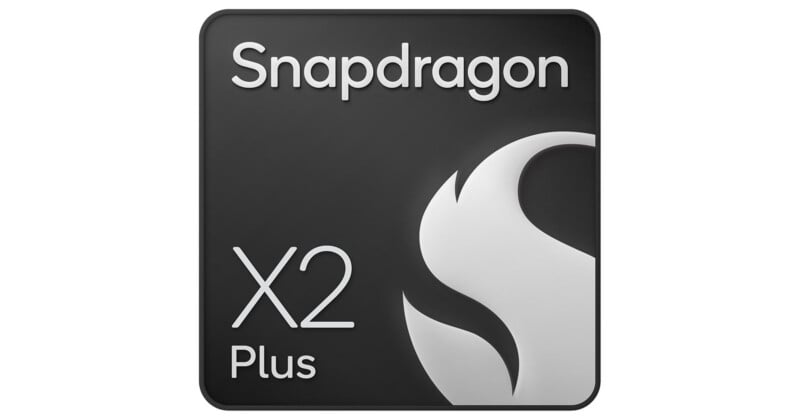 A black square logo with rounded corners featuring the white text "Snapdragon" at the top, "X2" and "Plus" on the left, and a stylized white flame icon on the right.
