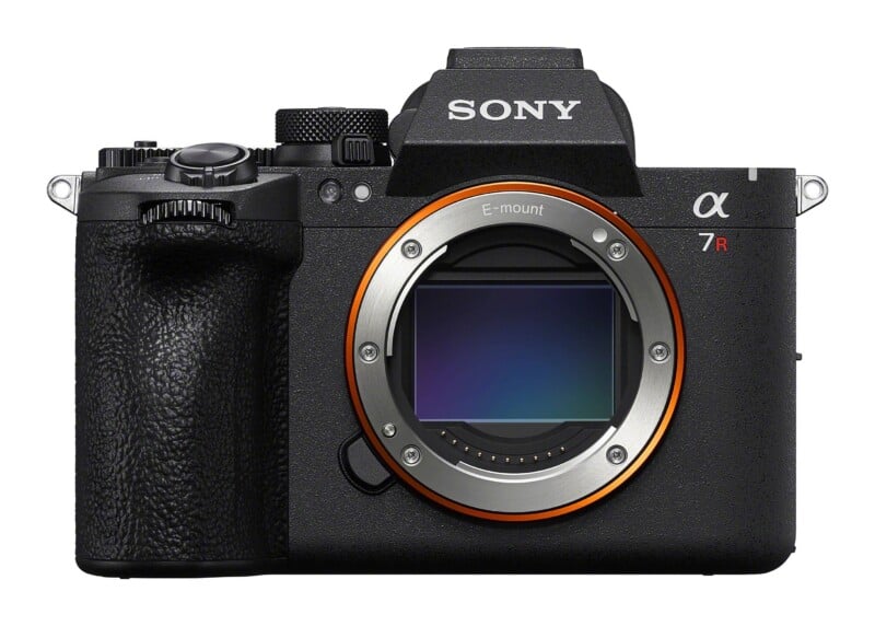A front-facing Sony Alpha 7R mirrorless camera body with an E-mount lens opening and visible sensor.