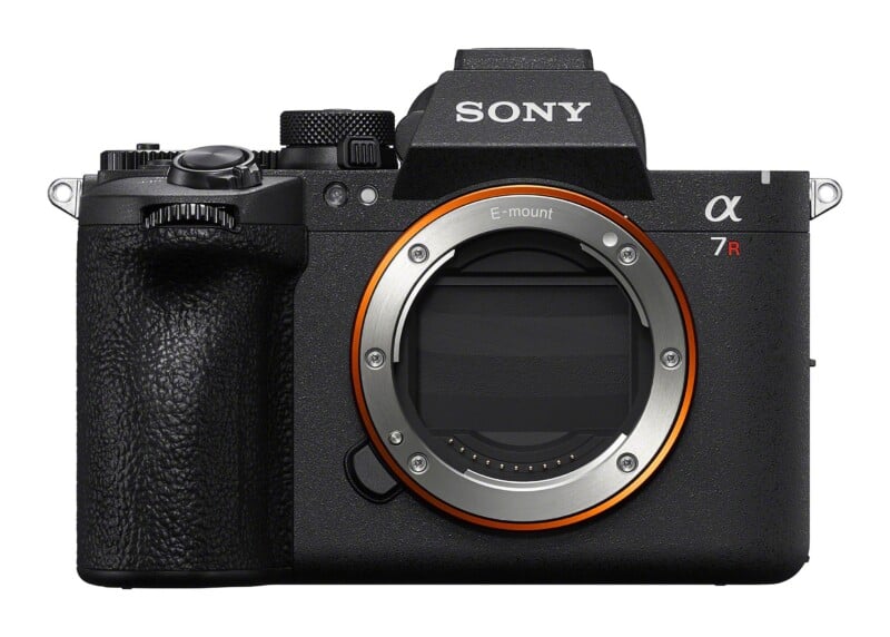 A front-facing Sony Alpha 7R mirrorless camera body with an E-mount lens opening, showing the shutter mechanism inside.