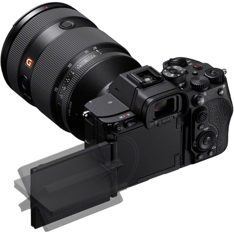 A black mirrorless camera with a large zoom lens attached, featuring a multi-angle tilting LCD screen shown in multiple positions.