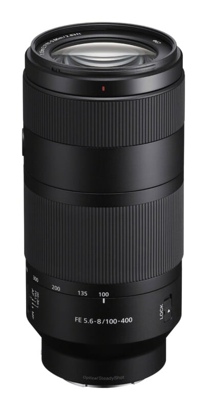 A black telephoto zoom lens with a focal length range of 100-400mm and an aperture of 5.6-8, featuring a focus limiter switch, a zoom lock switch, and a 67mm filter thread.