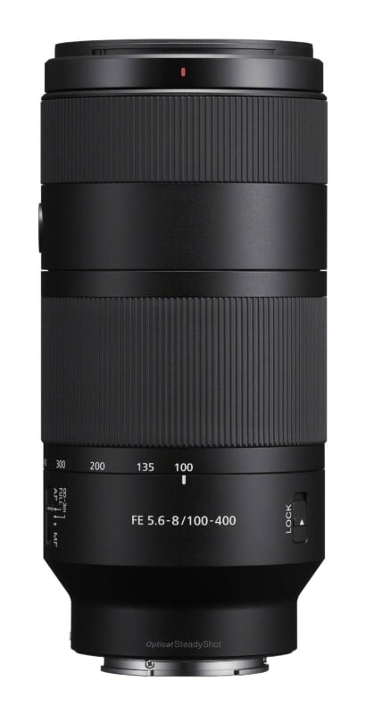 A black telephoto zoom lens for a camera, shown from a front-facing perspective, with focal length markings from 100 to 400 and a zoom lock switch.