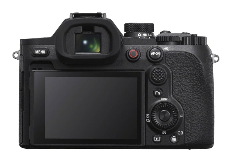The back of a black digital mirrorless camera featuring a large LCD screen, an electronic viewfinder, a mode dial, and various control buttons including menu, record, AF-ON, and a multi-directional navigation wheel.