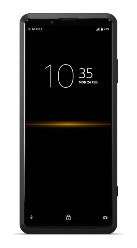 A black smartphone with a lock screen displaying the time 10:35, the date Monday, February 24, and a 75% battery icon.