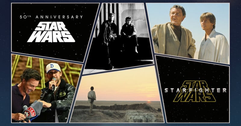 A collage of Star Wars imagery featuring the 50th-anniversary logo, scenes from the films, and two men holding a garment.