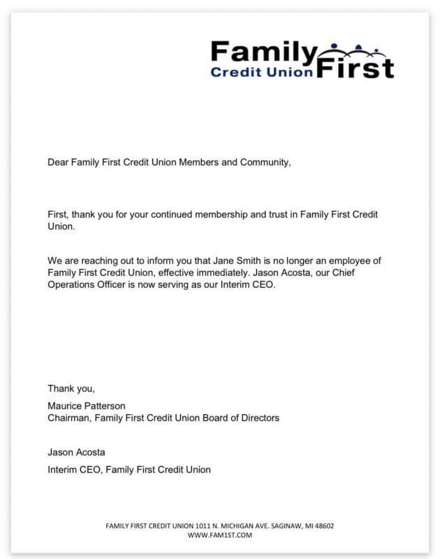 A formal letter from Family First Credit Union announcing that Jane Smith is no longer an employee and Jason Acosta is the Interim CEO.