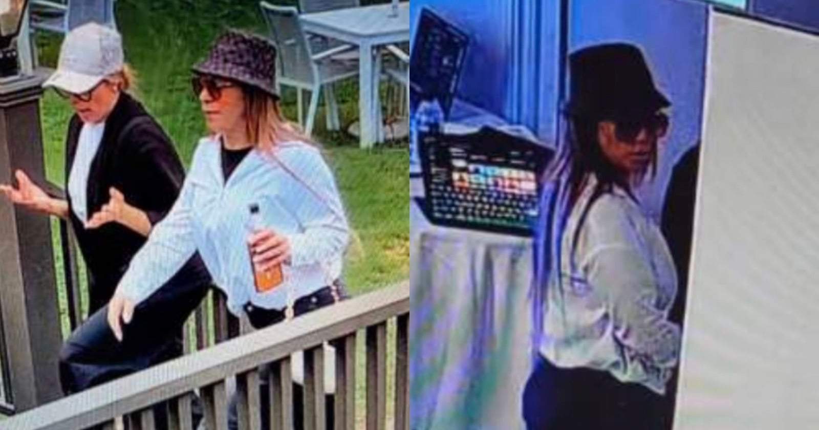 Two women are shown in surveillance footage; one wears a light cap and black blazer, while the other wears a patterned bucket hat and white button-down shirt.