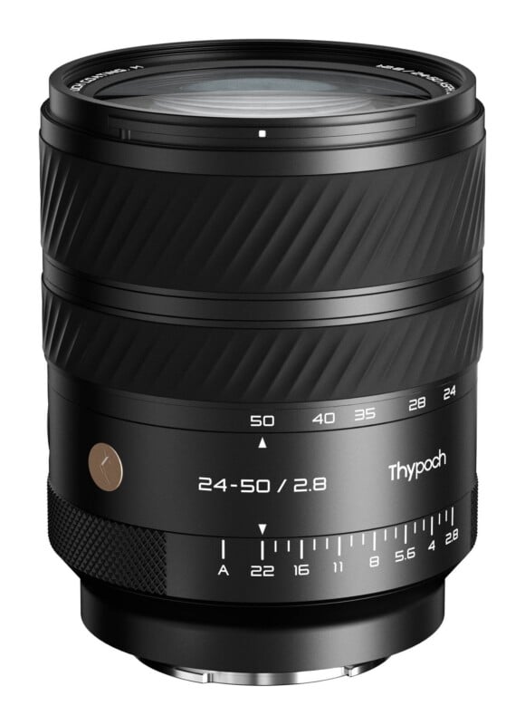 A black Thypoch 24-50mm f/2.8 camera lens with a zoom ring, focus ring, and an aperture ring marked from 2.8 to 22 and A.