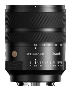 A black Thypoch 24-50mm f/2.8 camera lens shown from a front-facing perspective, featuring a zoom ring, focus ring, and aperture ring with markings from 2.8 to 22 and A.