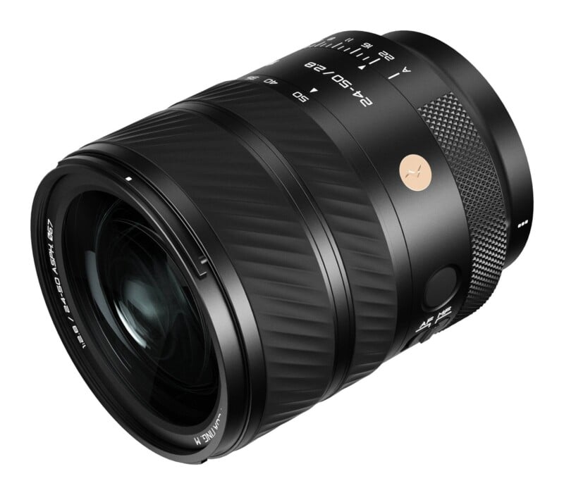 A black camera lens with a zoom ring, focus ring, and aperture ring, featuring text that reads "24-50/2.8" and "1:2.8 / 24-50 ASPH. Ø67".