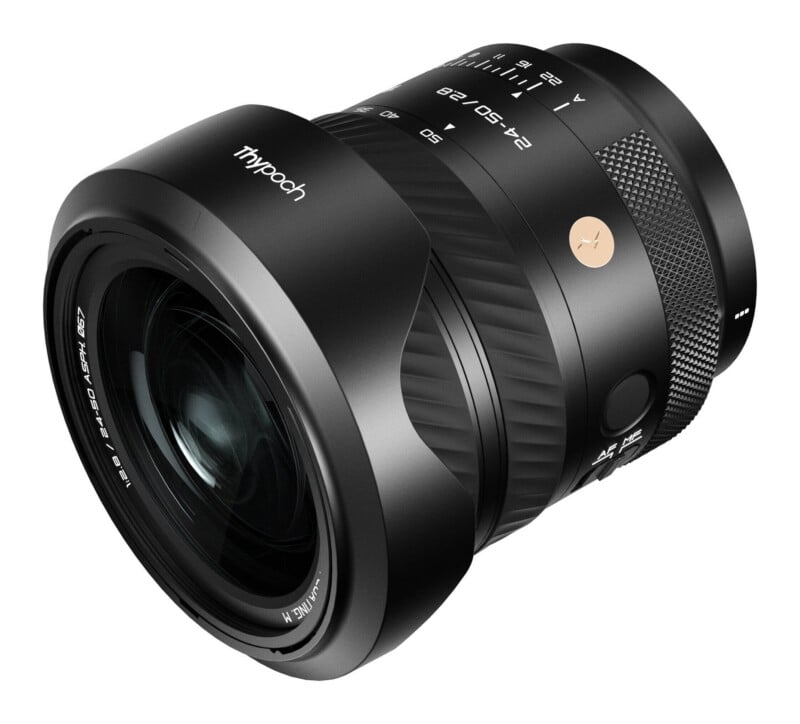 A black Thypoch 24-50mm f/2.8 ASPH camera lens with a 67mm filter thread, featuring an AF/MF switch and a textured focus ring, shown against a white background.