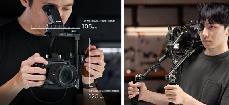 A split image showing a person using a camera rig with an electronic viewfinder, highlighting horizontal and vertical adjustment ranges of 105mm and 125mm.