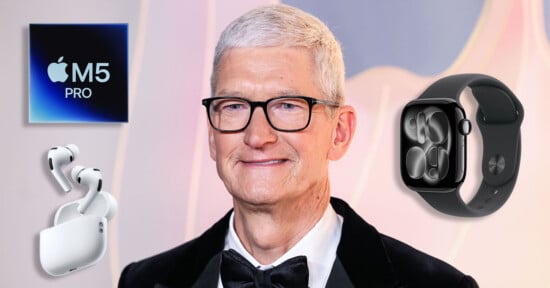 Tim Cook wearing a tuxedo and bowtie, flanked by an M5 Pro chip graphic, white wireless earbuds, and a black smartwatch.