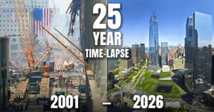 A split-screen comparison showing the 2001 Ground Zero recovery site on the left and the 2026 World Trade Center complex on the right.