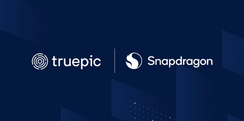 The Truepic logo and the Snapdragon logo are displayed side-by-side, separated by a vertical line on a dark blue background.