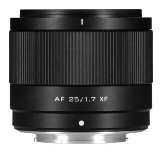 A black camera lens with a ribbed focus ring, labeled "AF 25/1.7 XF" on the barrel, shown against a white background.